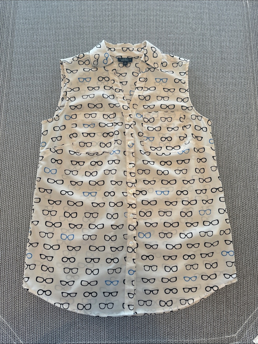 Talbots Cream Sleeveless Button-Front Blouse with Eyeglass Print